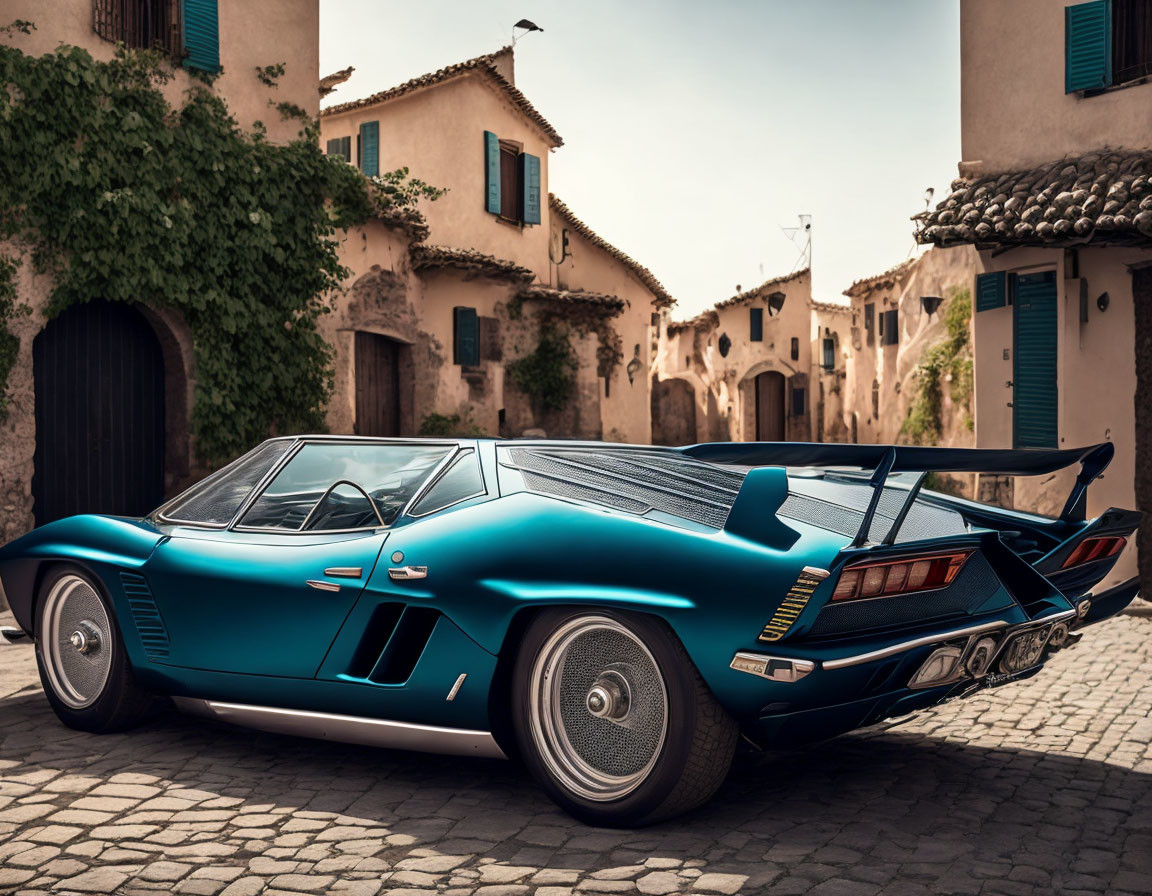 Blue Vintage Sports Car in Old European Alley with Cobblestones