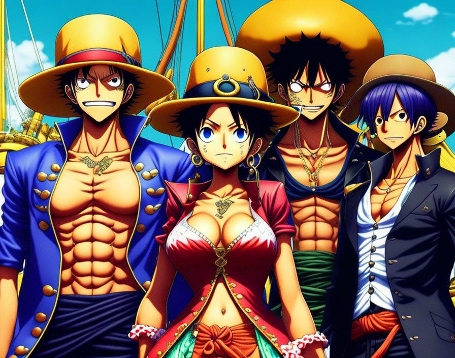 Four animated pirate characters posing under blue sky with two males in background and a female in front wearing colorful