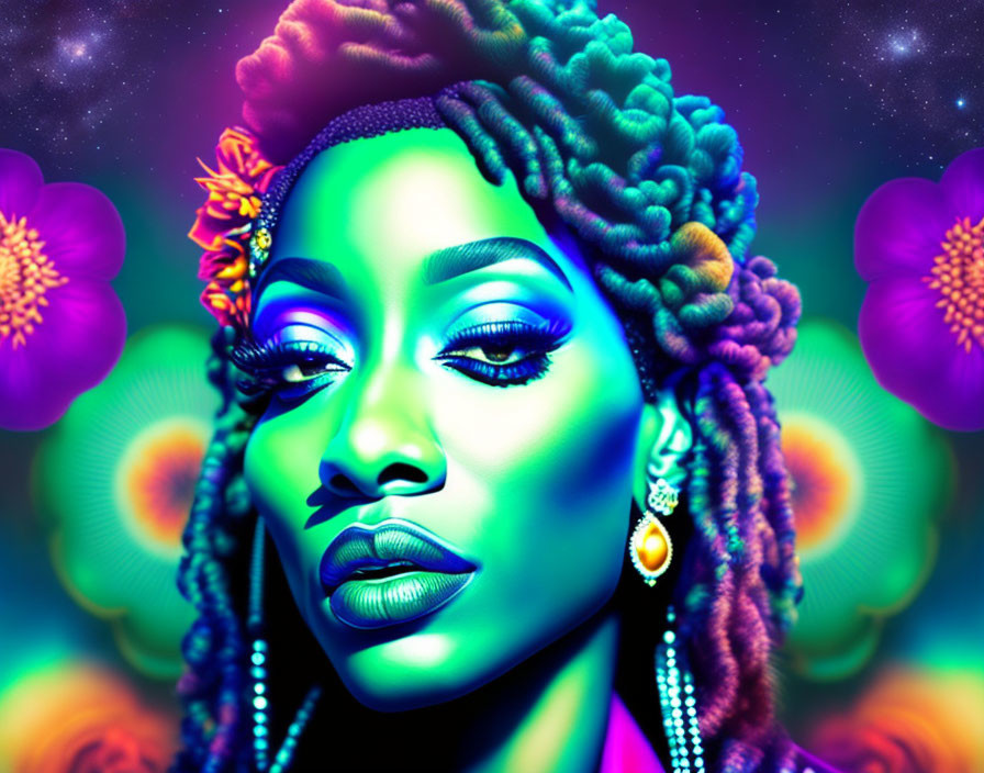 Colorful digital portrait of a woman with braided hair and makeup on neon cosmic backdrop