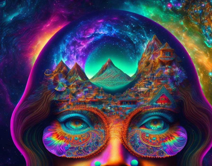 Colorful psychedelic face with cosmic landscape within silhouette