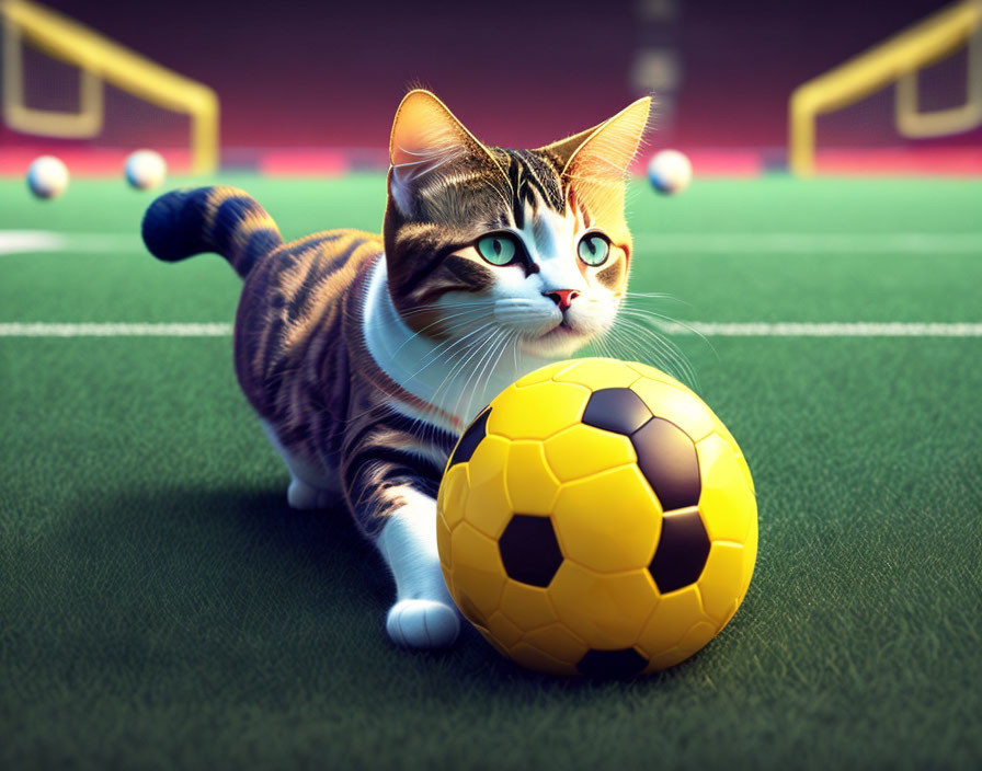 Digitally created image: Blue-eyed cat with soccer ball on green field