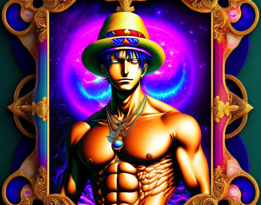 Muscular anime character with hat, necklaces, and jewel pendant in cosmic backdrop.