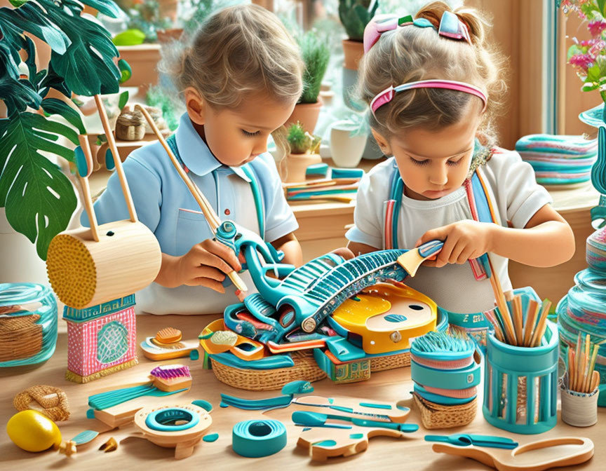 Children playing with colorful toy guitar and art supplies on sunny table