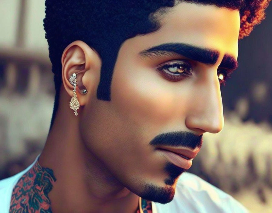 Man with Groomed Beard, Styled Hair, Earring, and Neck Tattoo Portrait