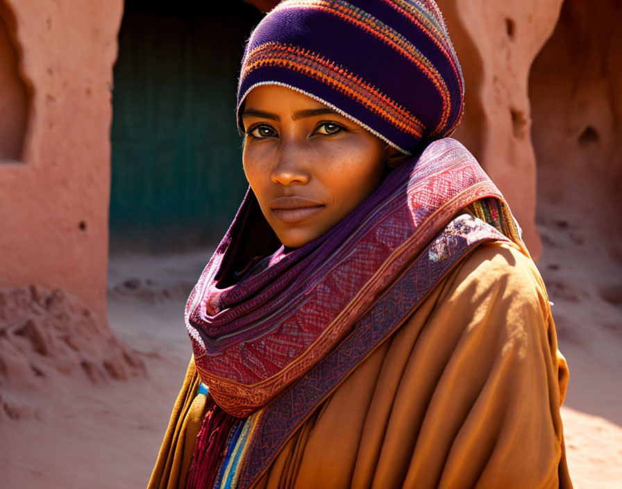 Colorful Headscarf Woman Contemplating Camera Near Aged Wall