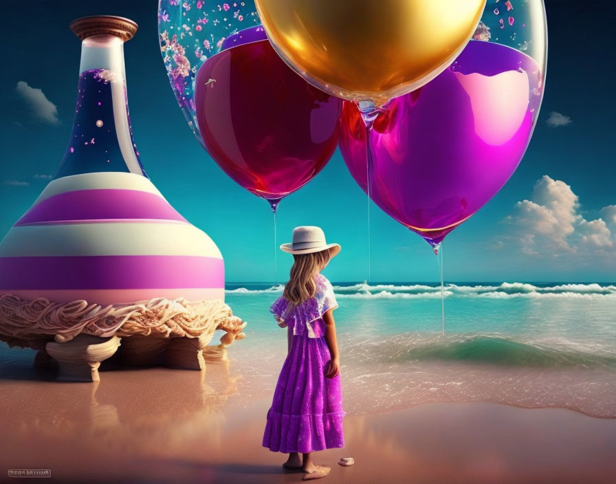 Girl in Purple Dress on Beach with Oversized Balloons and Fantasy Potion Bottle