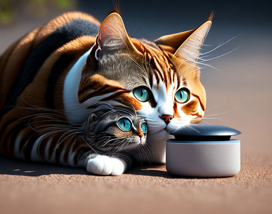 Two animated cats with expressive eyes inspecting a black device