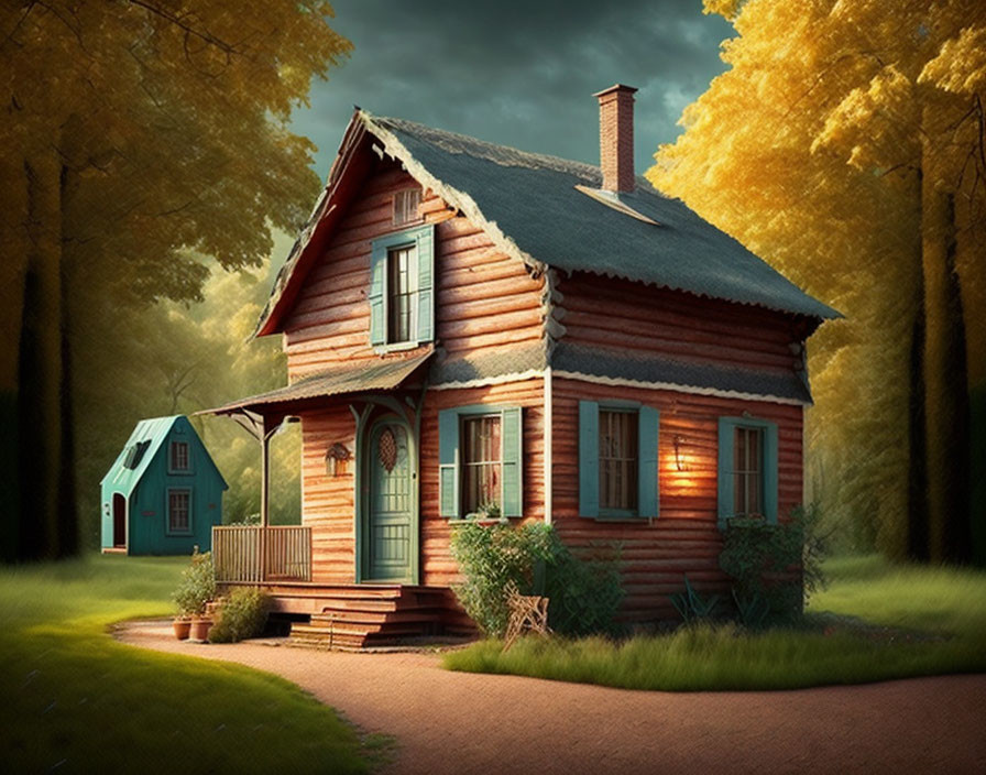 Quaint wooden house with front porch in golden sunlight