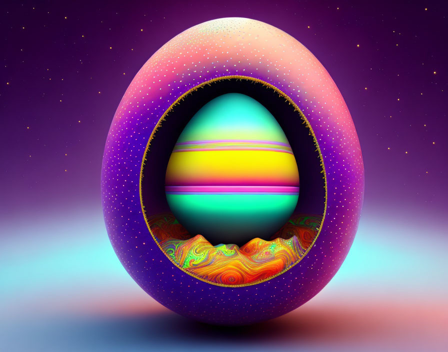 Colorful digital artwork: Egg-shaped cosmic structure with psychedelic design.