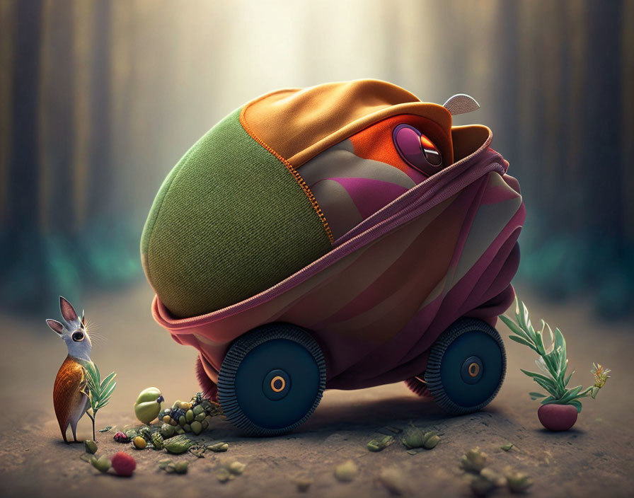 Colorful Snail with Sneaker-Like Shell and Wheels Watched by Curious Fox in Forest