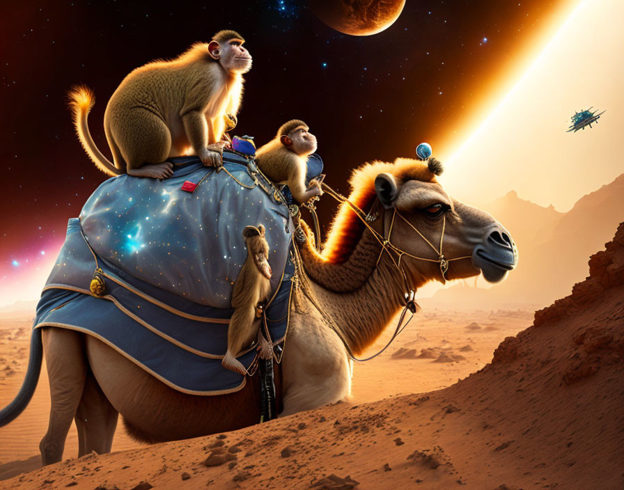 Monkeys on camel with planets and spaceship in desert