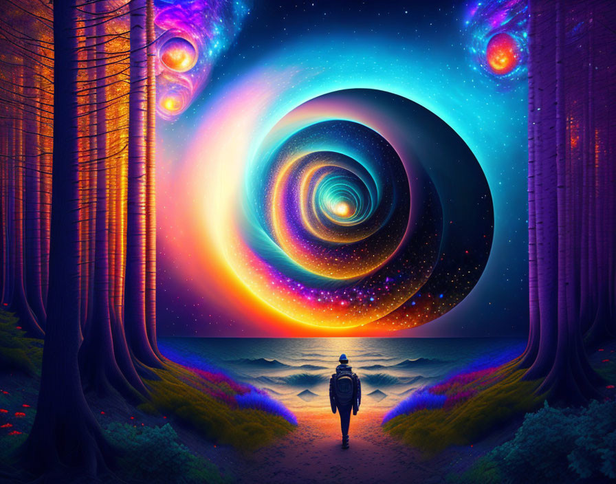 Person standing before surreal cosmic portal between towering trees with radiant waves and vibrant starry vortex in night sky