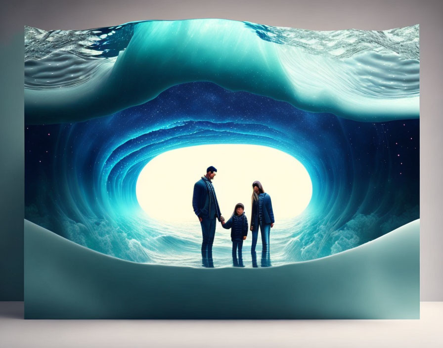 Family in front of surreal wave tunnel under starry night sky