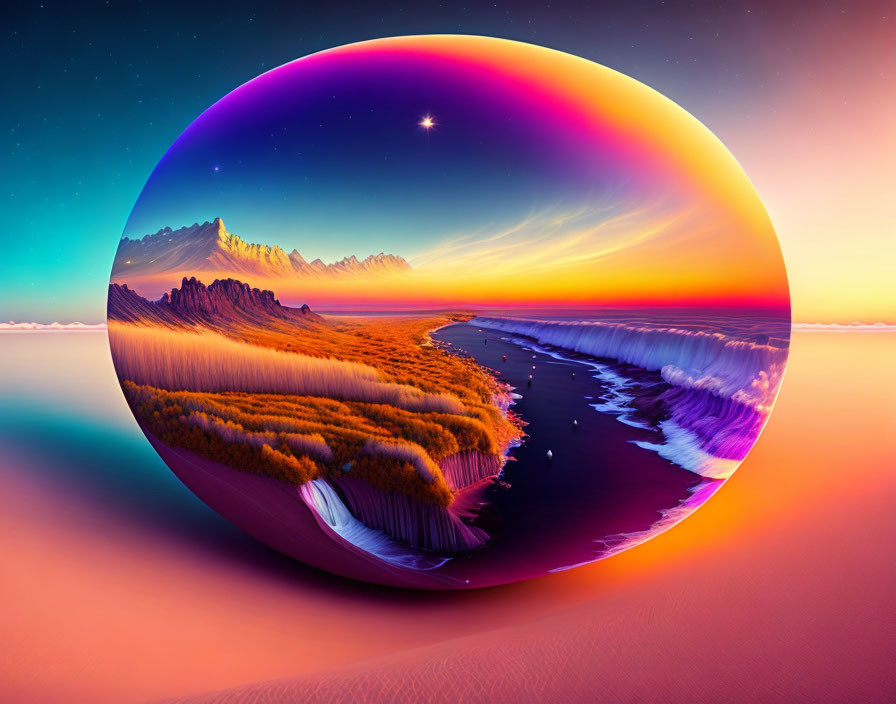 Surreal landscape with vibrant spherical bubble reflecting mountains, waves, and starry sky