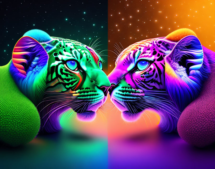 Vibrant psychedelic leopards on colorful starry background