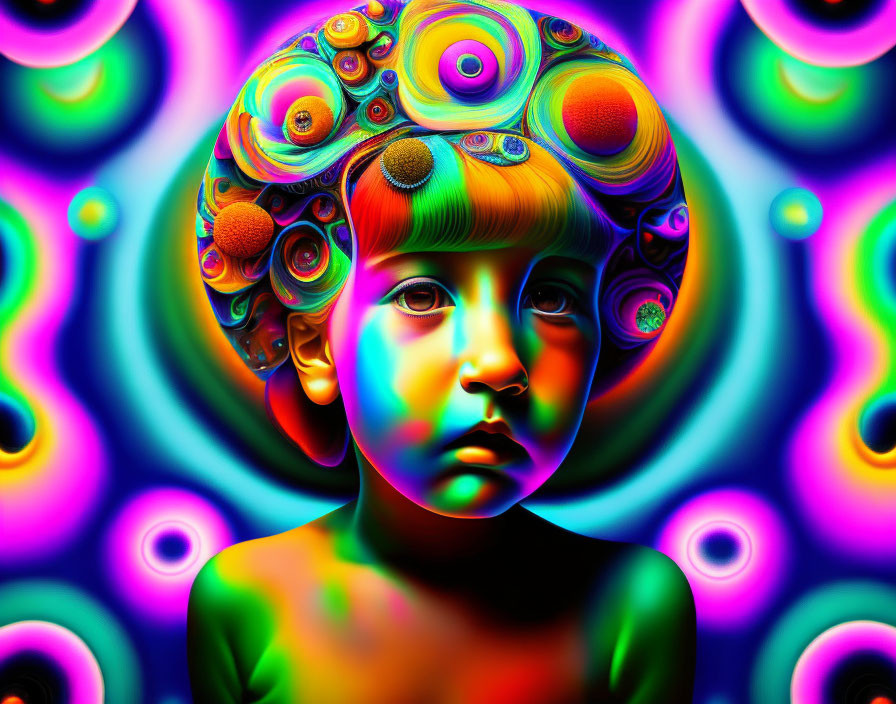 Colorful digital art of child with psychedelic patterns & swirls.