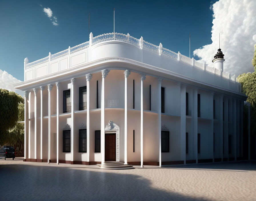 Neoclassical two-story building with columns and balustrades