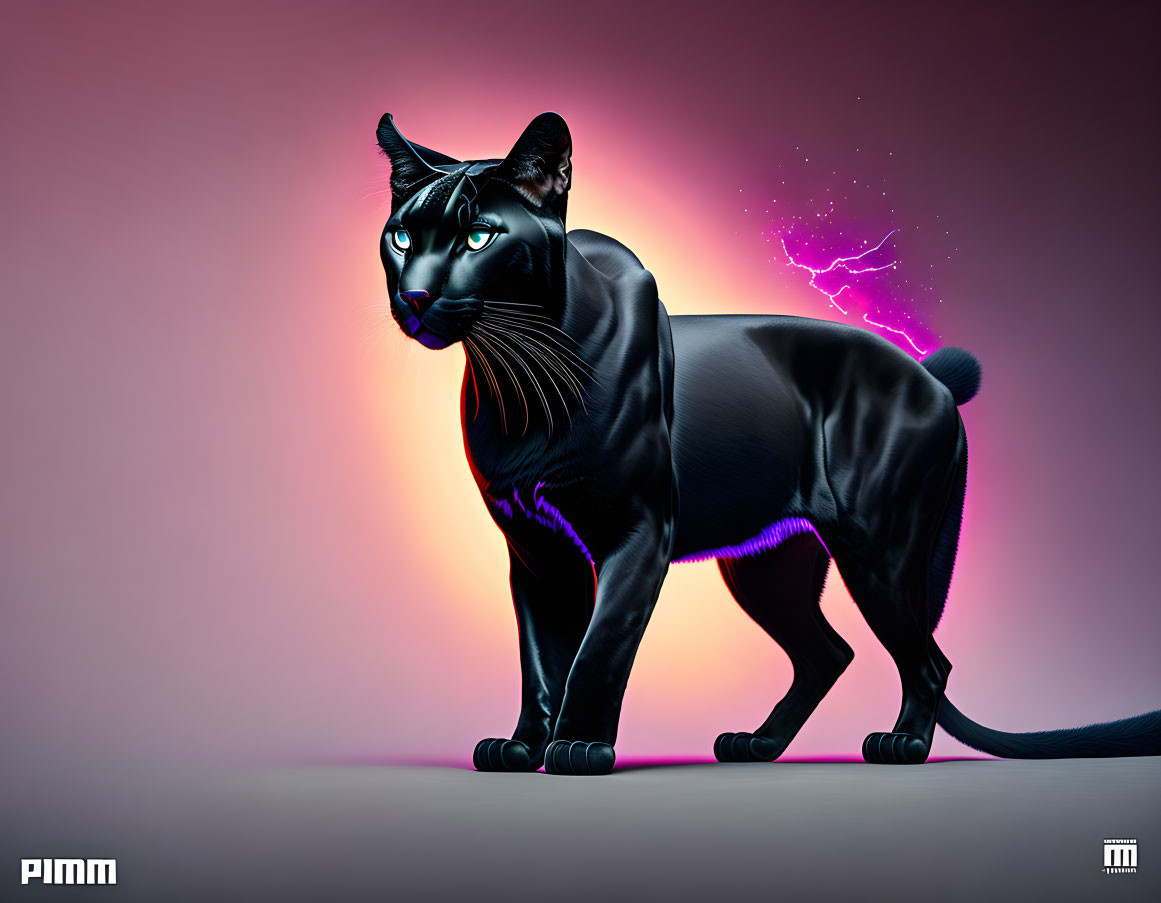 Black panther with purple glowing outlines on pink gradient background