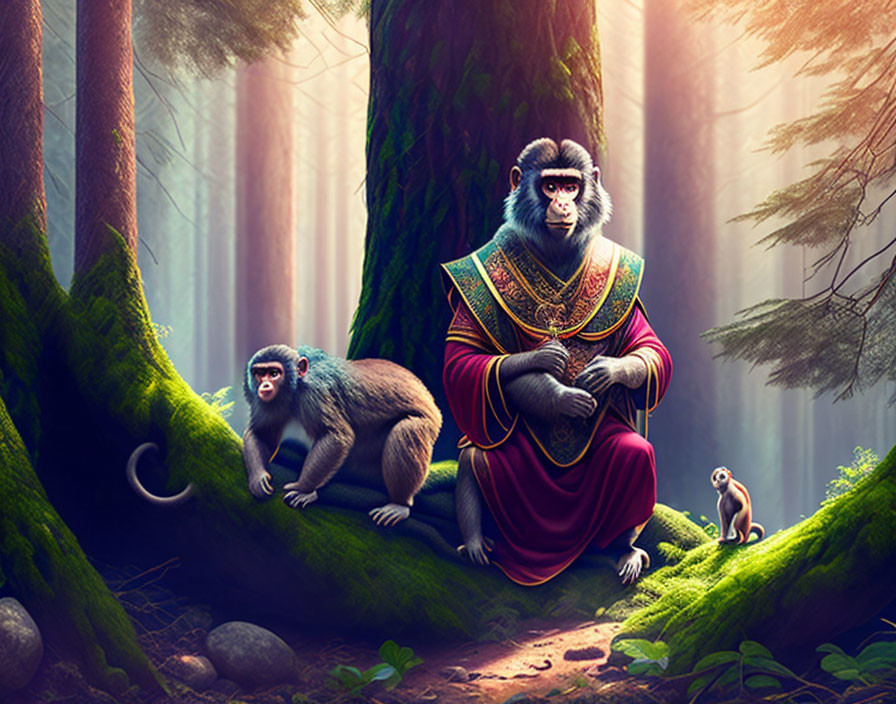 Anthropomorphic monkey in royal attire with smaller monkey and meerkat in mystical forest