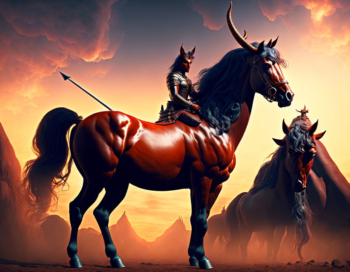 Warrior riding majestic unicorn in fantasy scene