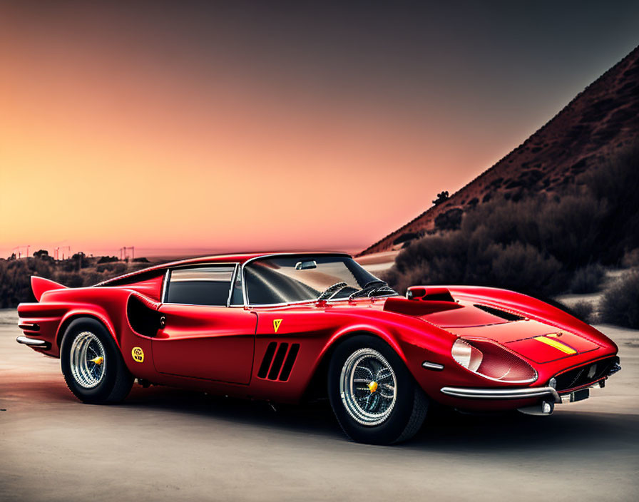 Red Sports Car with Side Vents and Spoke Wheels Parked at Sunset