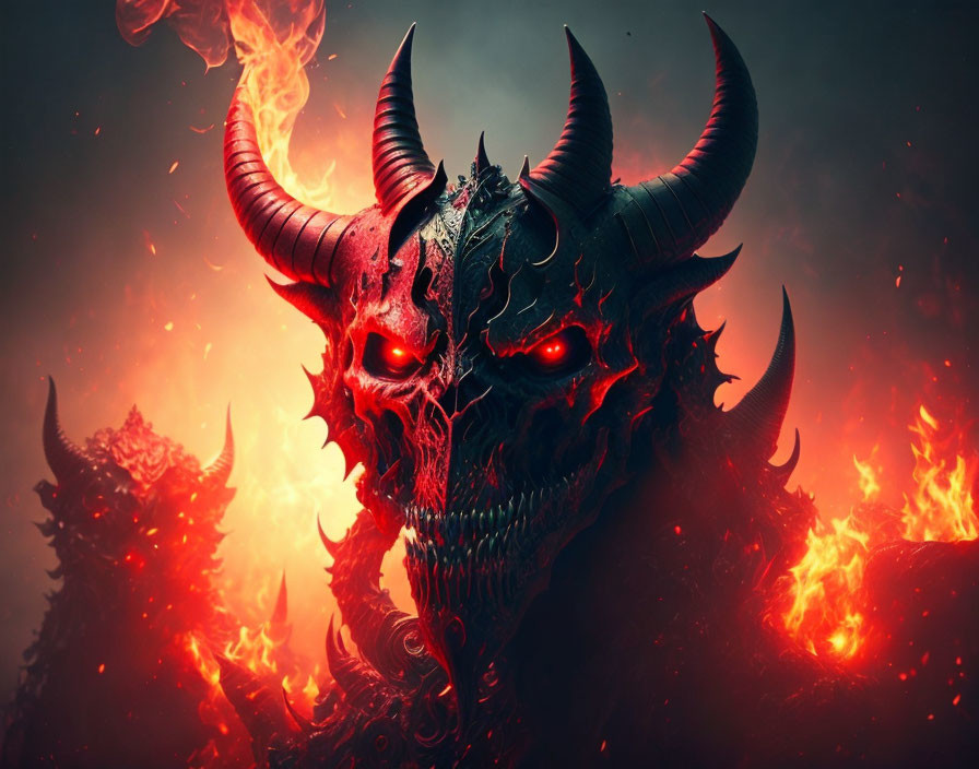 Fiery dragon with glowing red eyes and horns in menacing scene