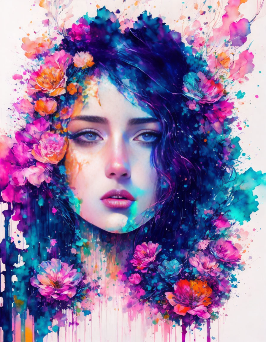 Colorful portrait of woman with blue eyes in floral explosion