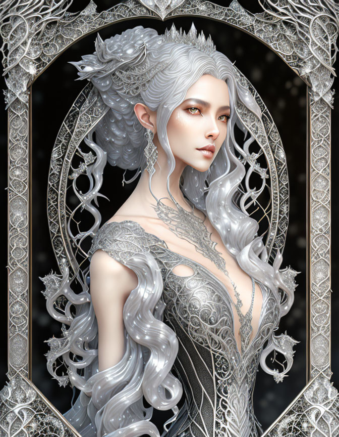 Ethereal figure with silver hair in intricate attire under gothic arch