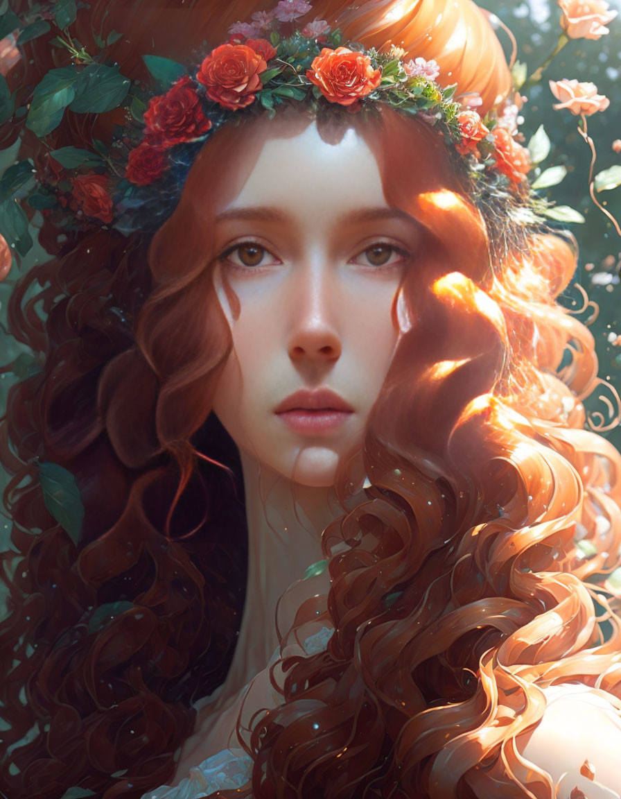 Portrait of a woman with curly red hair and flower crown in soft light.