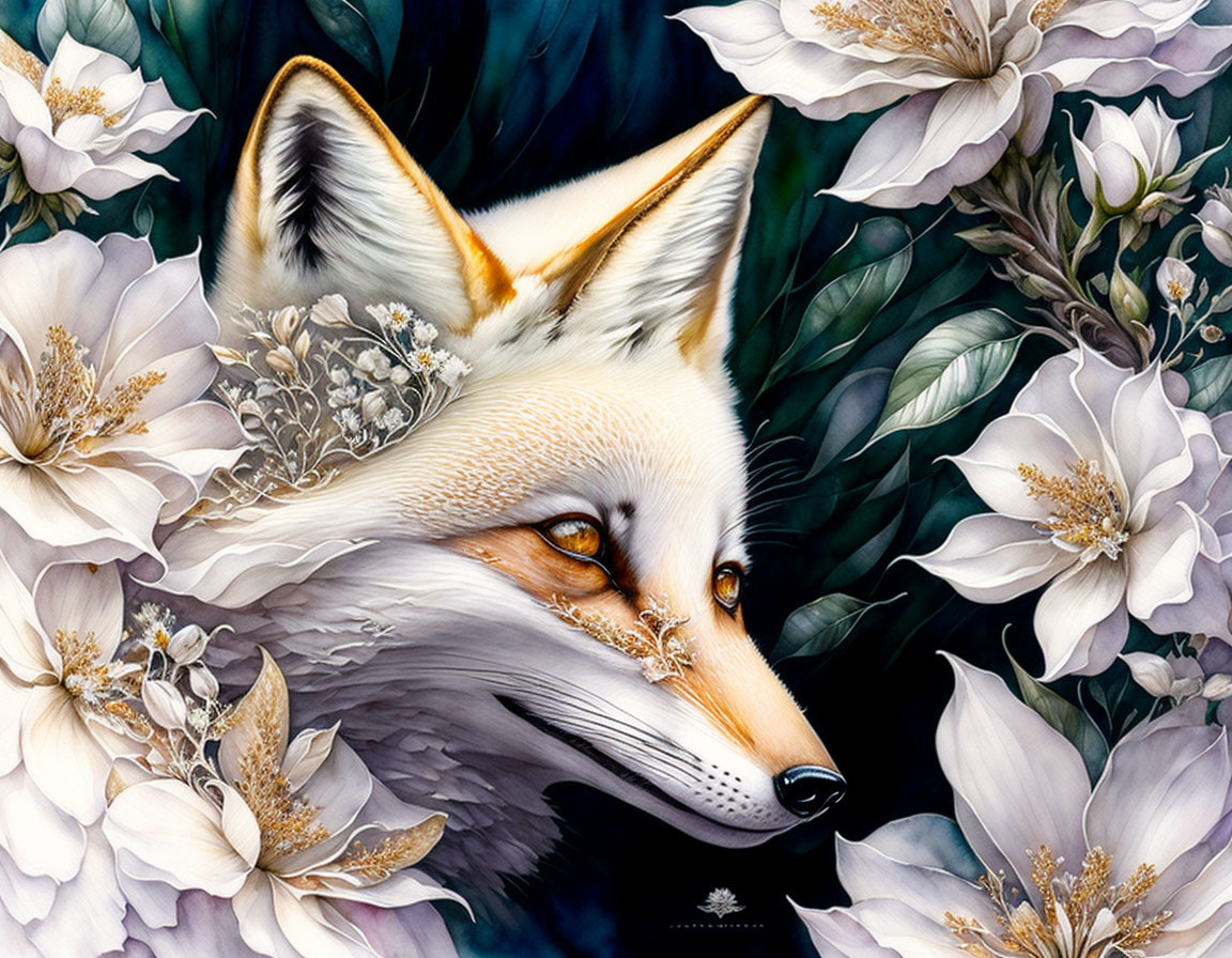 Detailed Fox Head Illustration with White Flowers and Leaves on Dark Background