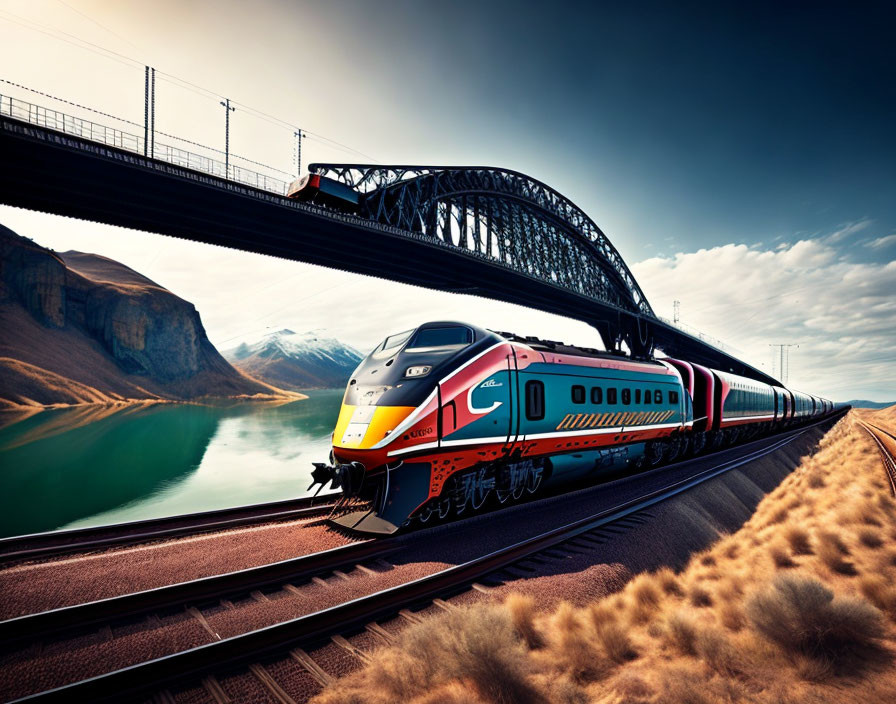 Modern train speeding through mountain scenery with river and bridge under blue sky