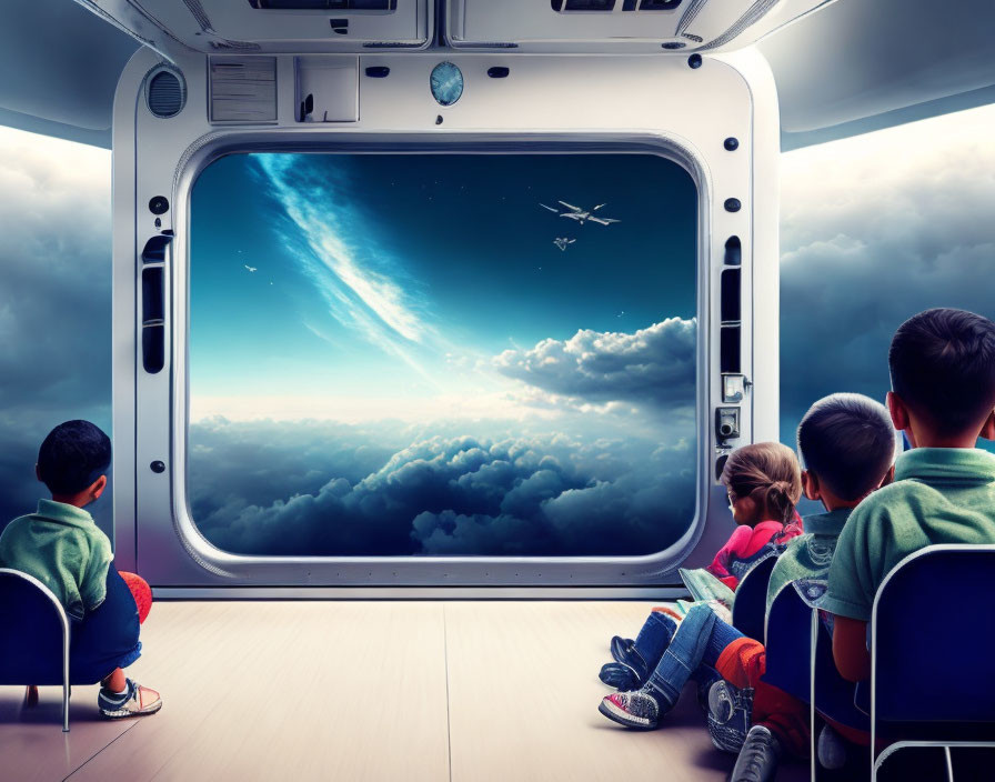 Children observing comet and Earth from spacecraft window