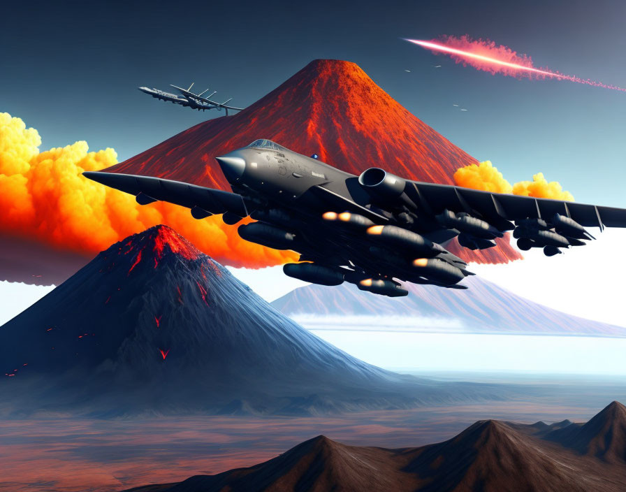 Military fighter jet soaring over erupting volcanoes and aircraft with contrail.