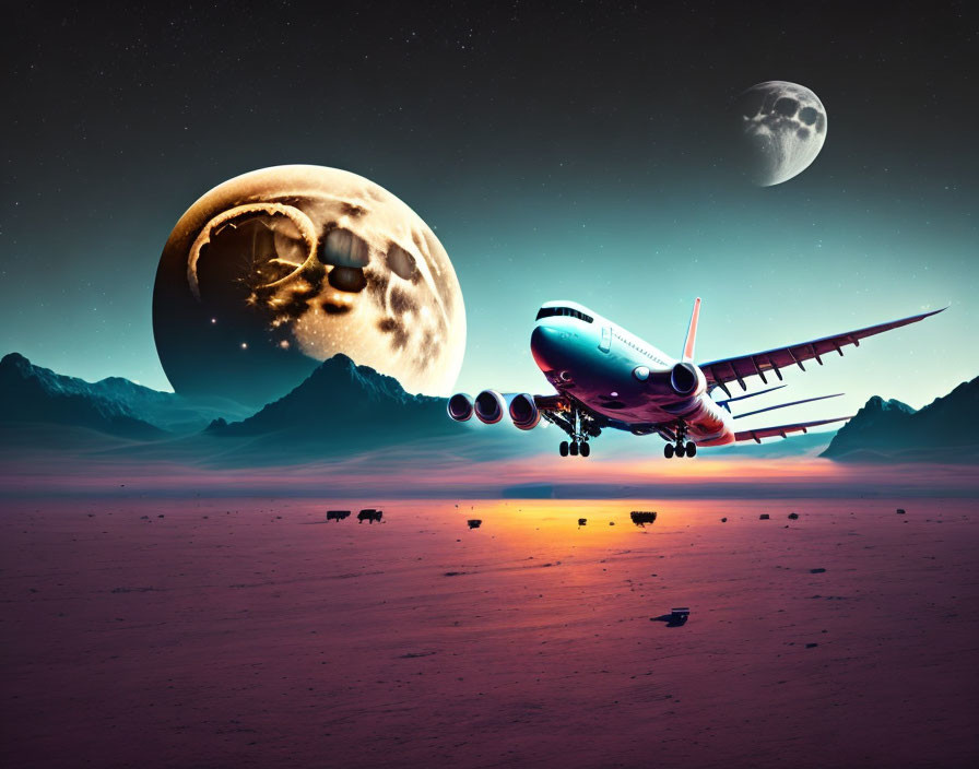 Commercial airplane lands in surreal desert with two moons