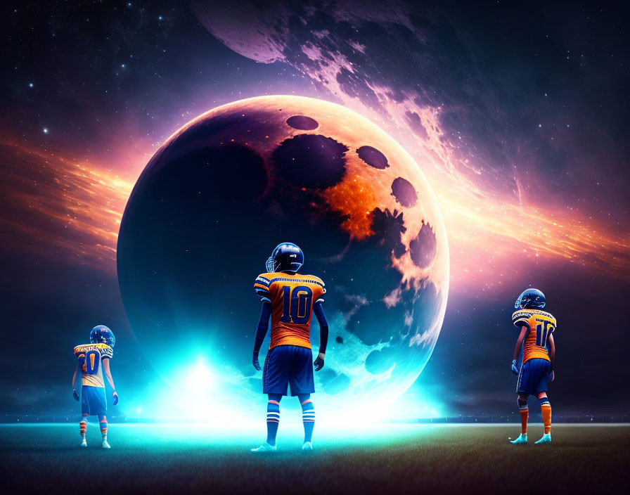 Three football players in blue and orange uniforms gazing at a cratered moon on a starry cosmic