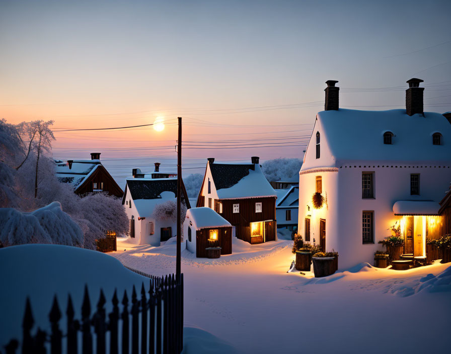 Winter village scene: snow-covered buildings at dusk with glowing windows and sunset backdrop