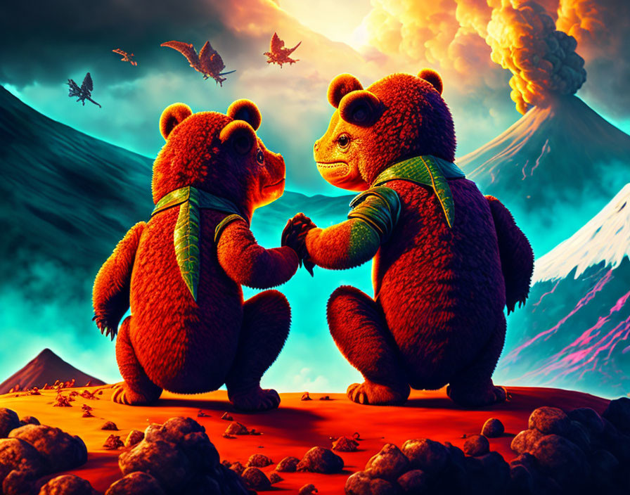 Teddy bears holding hands in volcanic fantasy landscape