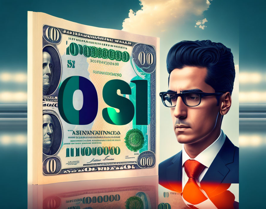 Illustration of man with glasses merged with 100 dollar bill against cloudy sky backdrop