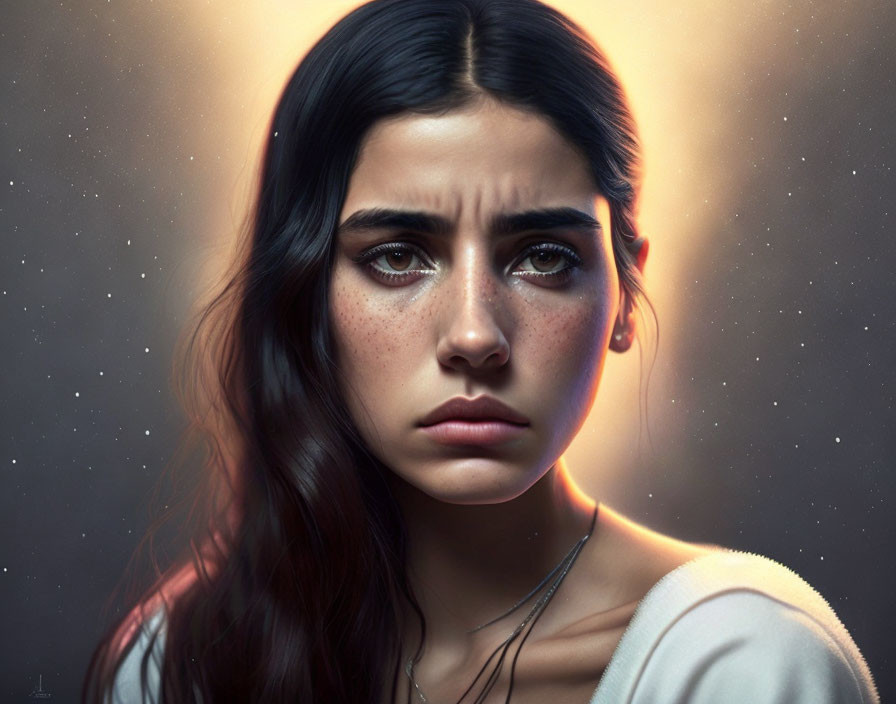 Digital portrait of young woman with dark hair and teary eyes, surrounded by starry glow