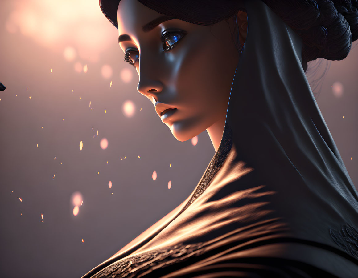 Digital art: Woman with dark hair, blue eyes, veil, and glowing embers on moody