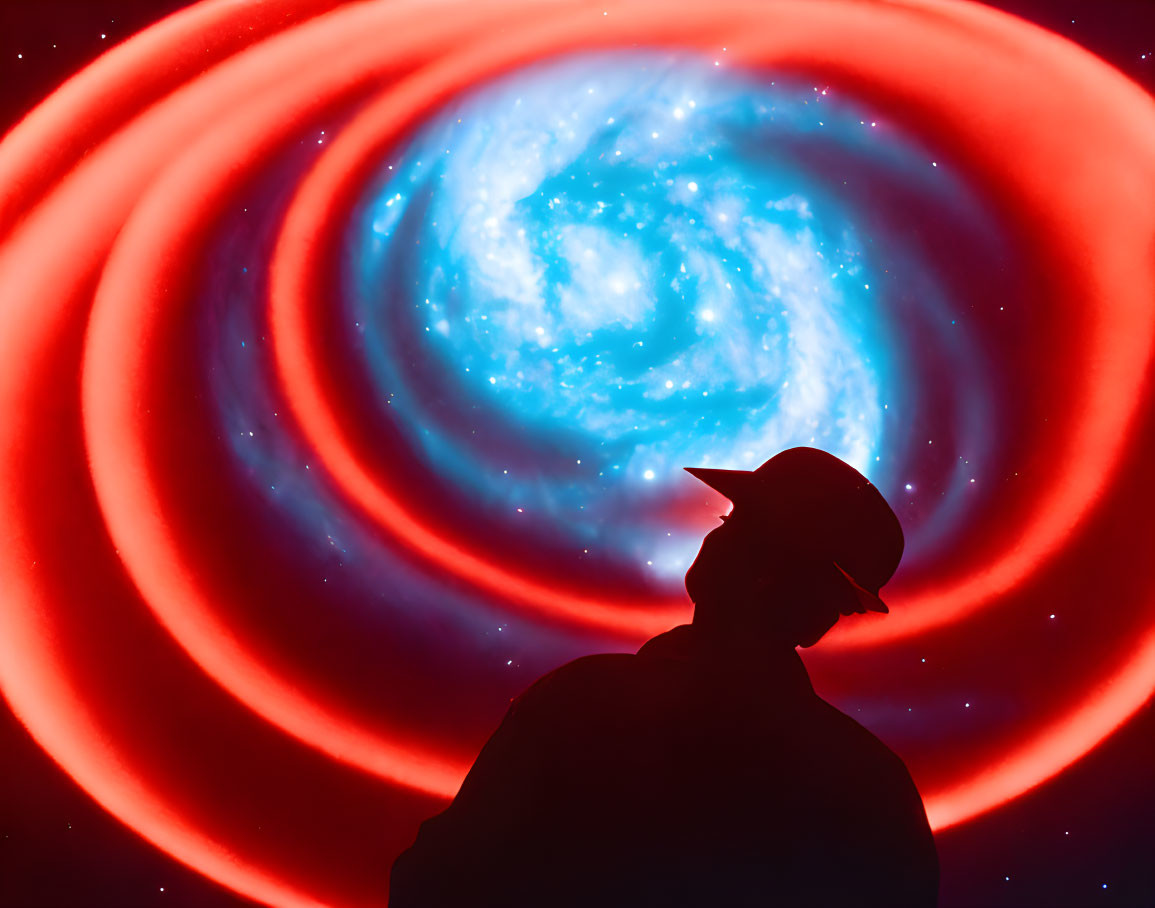 Person's silhouette with hat on cosmic background with red rings and blue galaxy