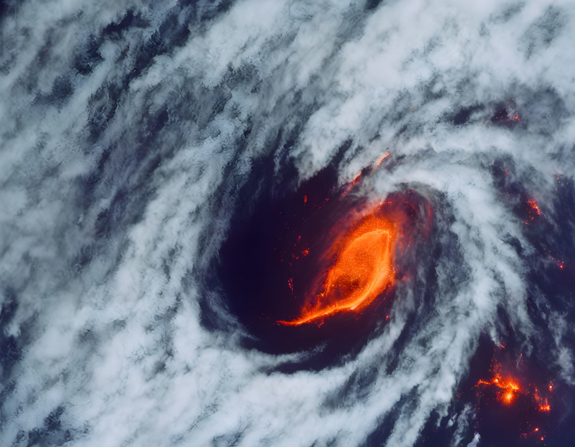 Satellite image of fiery hurricane eye amidst swirling clouds