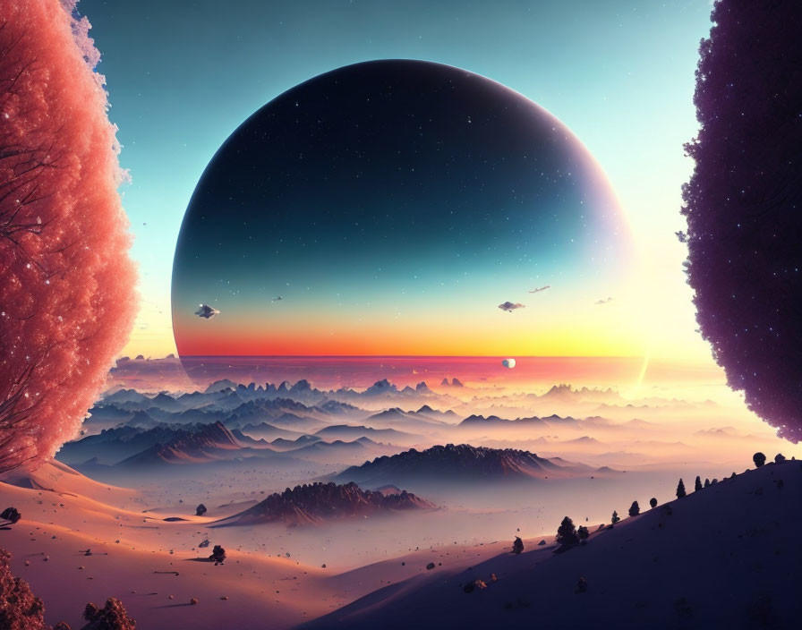 Surreal landscape with purple trees, layered mountains, planet, and spaceships at dusk