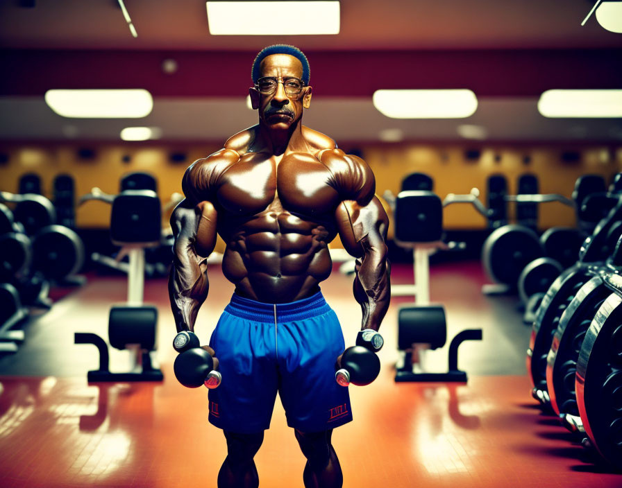 Muscular man with glasses in gym surrounded by weights.