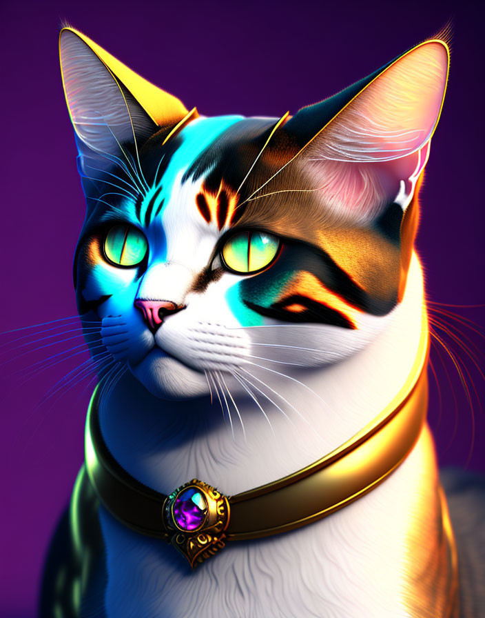 Multicolored stylized cat with golden collar and gem pendant on purple background