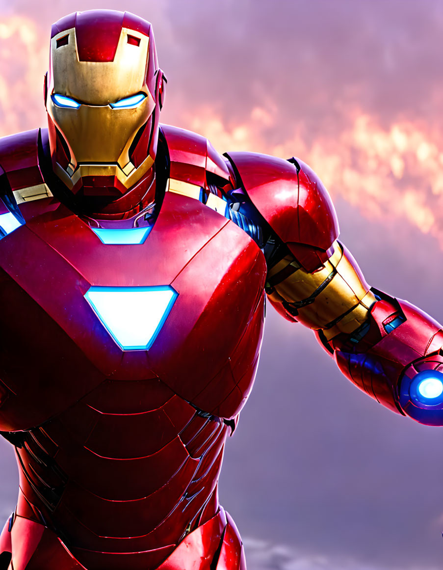 Detailed Close-Up of Glowing Iron Man Suit Features Against Cloudy Sky