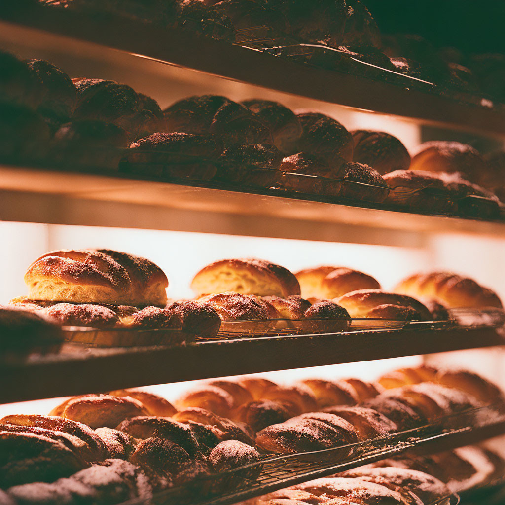 Bread loaves with flour dusting on shelves under warm lighting