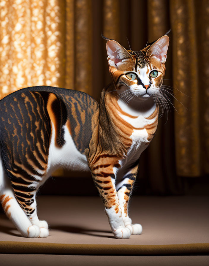 Bengal cat with unique coat patterns in room with golden curtains