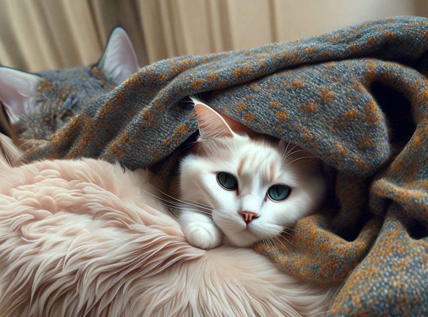 White Cat with Blue Eyes Under Gray and Orange Blanket Next to Another Cat