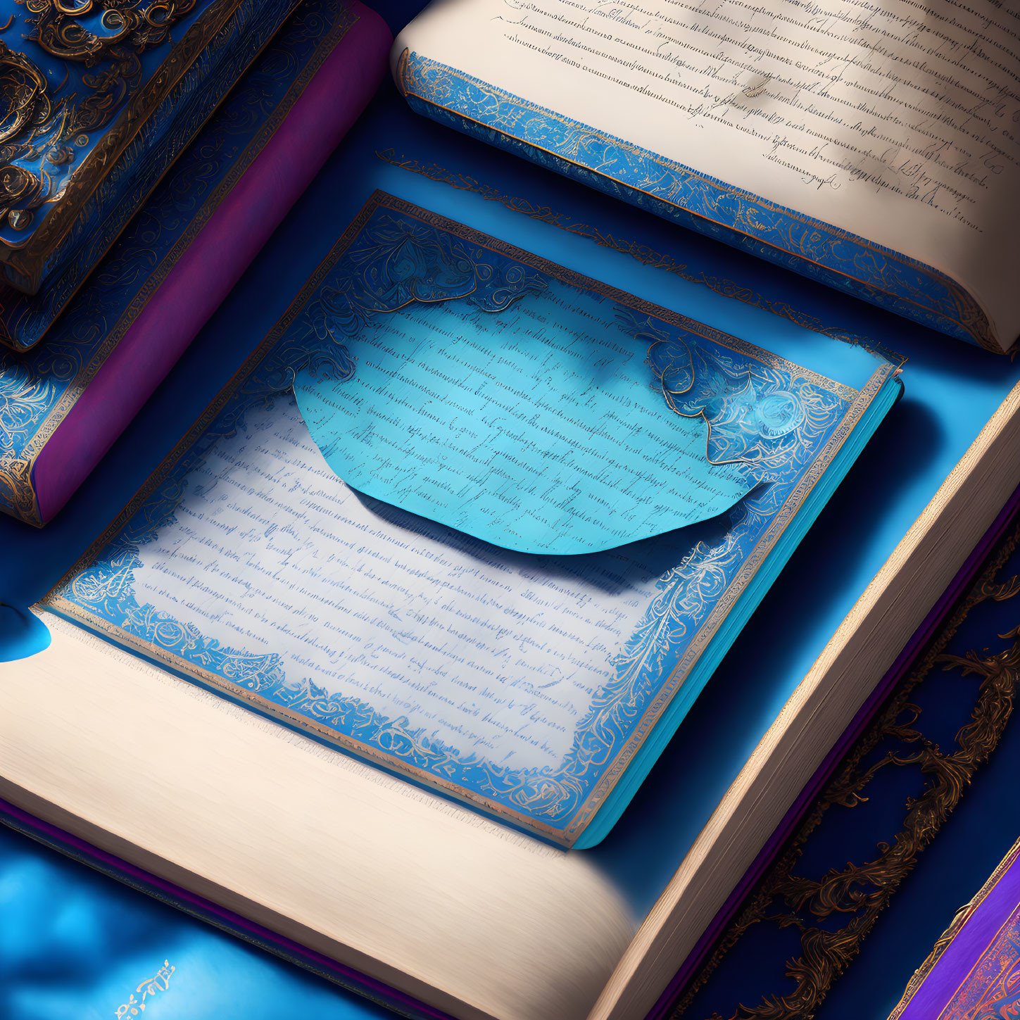 Intricate blue mask on open book among colorful designs